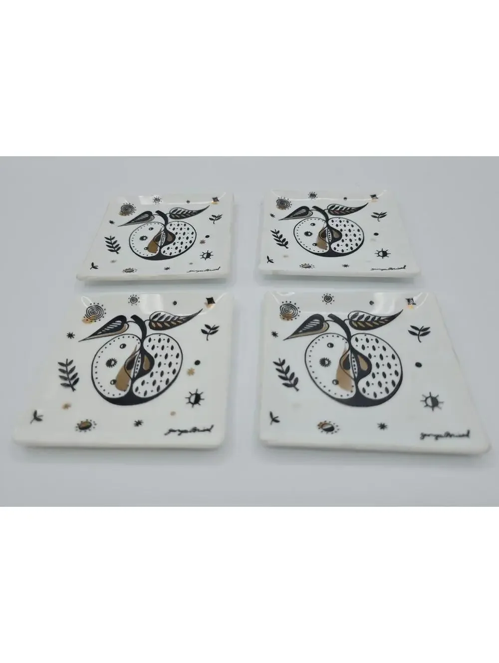 Georges Briard Forbidden Fruit 4 Piece Milk Glass Black Gold Apple Trinket Trays